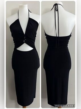 Sabora Black Halter Backless Midi Dress with Front Cutout Party Chic Whimsigoth